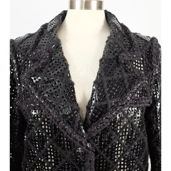 Chanel Brasserie 15K jacket coat 48 / 16 faux leather PVC perforated tweed black